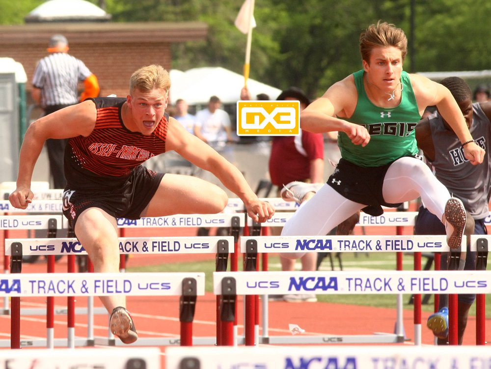 NBGX3Media's tweet photo. CLOVERBELT CONTEST
5-31-19 Osseo-Fairchild's Brett Koska and Regis' Isaac Michels battle for position to the finish line during the 110 hurdle prelims at state. #ofthunder #regisramblers @ofsdthunder @RegisCatholic https://t.co/1JonF2seWD