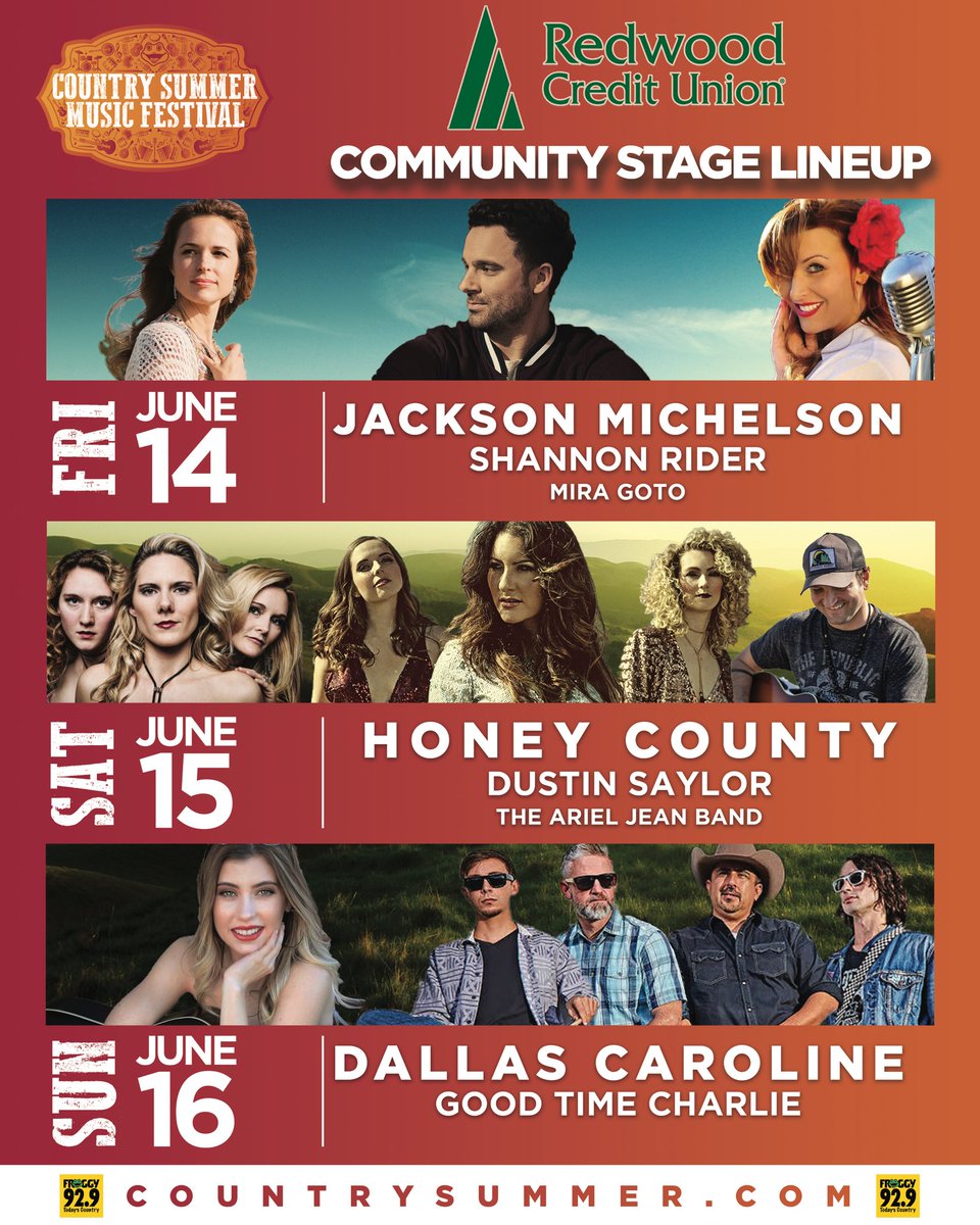 CountrySummerCA's tweet photo. The @RedwoodCU Community Stage Lineup is here! Enjoy great music from these amazing rising stars throughout the weekend on our second stage! @jackmic @honeycounty @Dallas_Caroline &amp; more! https://t.co/vKMpNYlwEl