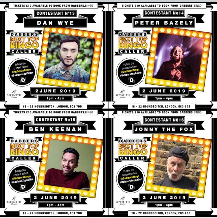 MusicalBingoUK's tweet photo. Lovin’ our good friends over @Dabbersbingo - this Sunday is  “Dabbers Next Top Bingo Caller’ in which 5 contestants battle it out to go through to the semi finals. 🏆🔮 Tickets Just £10 tickets for mega entertainment and the chance to win prizes 🎁 https://t.co/kD156VivVt https://t.co/QbHKiZYqdf