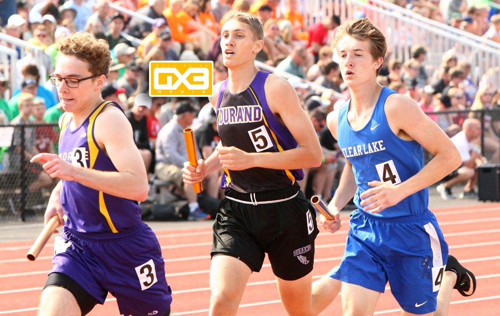 NBGX3Media's tweet photo. DURAND RELAY HOISTS SILVER
5-31-19 Durand's 3200M relay team (Riley Radle, Parker Schneider, Amanuel Bauer, Isaac Wegner) ran their way to a second place finish (8:13.66) at the WIAA state track/field meet. #durandpanthers @durandtrack https://t.co/zpg2t3QVwG