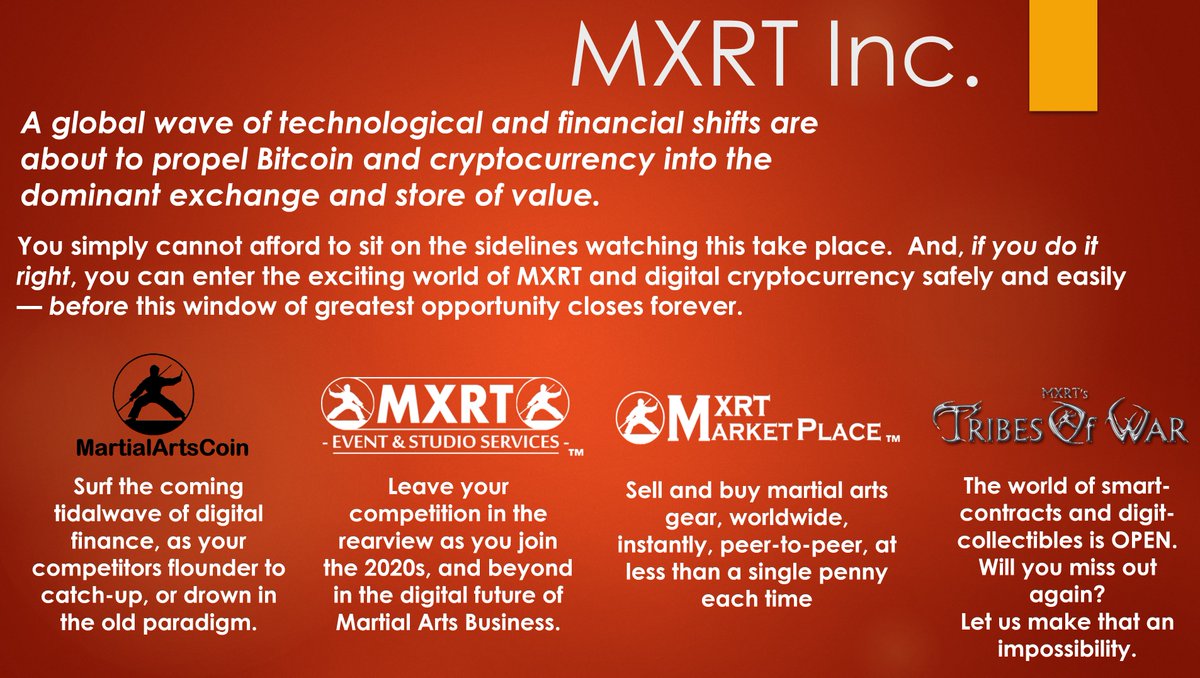 AndMxrt's tweet photo. Sometimes, it takes us martial arts folks a tad more time to figure out the obvious. After all, we've been hit in the head, and choked-out a few times more than the average bear. So, Straight Talk. Pay attention. NOW is the time to act. $MXRT https://t.co/pqa4Jqr0HY https://t.co/CkZVQ32Nvj