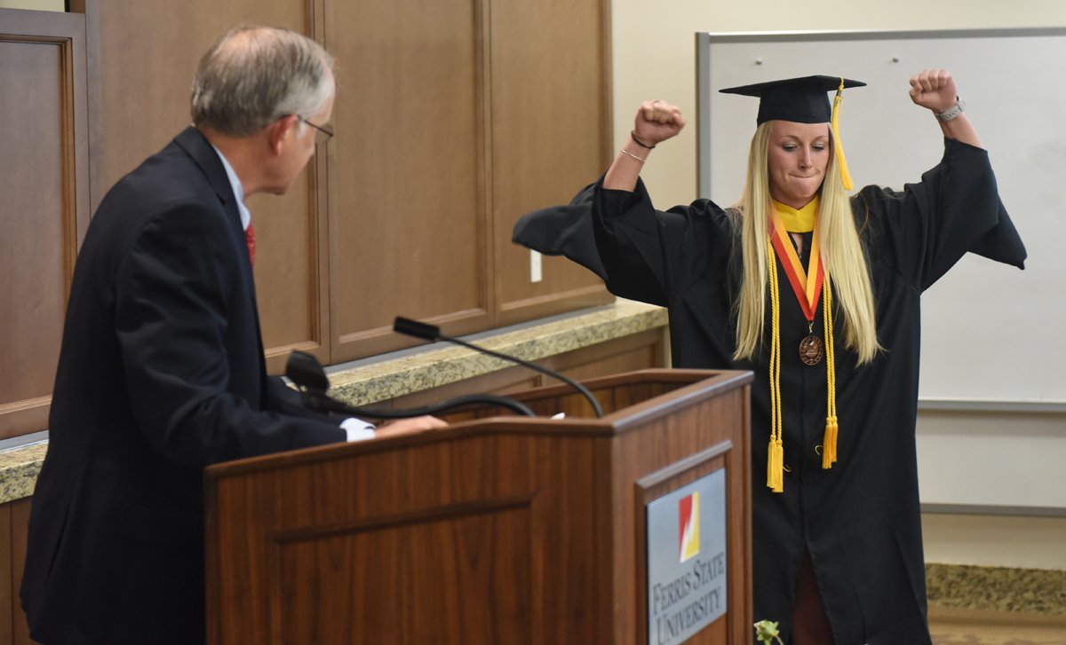 FerrisState's tweet image. Diploma, ceremonial hood presented to Ferris graduate following organ donation that kept her from commencement, earlier this month.

Read the full story: tinyurl.com/y4ggjpwp