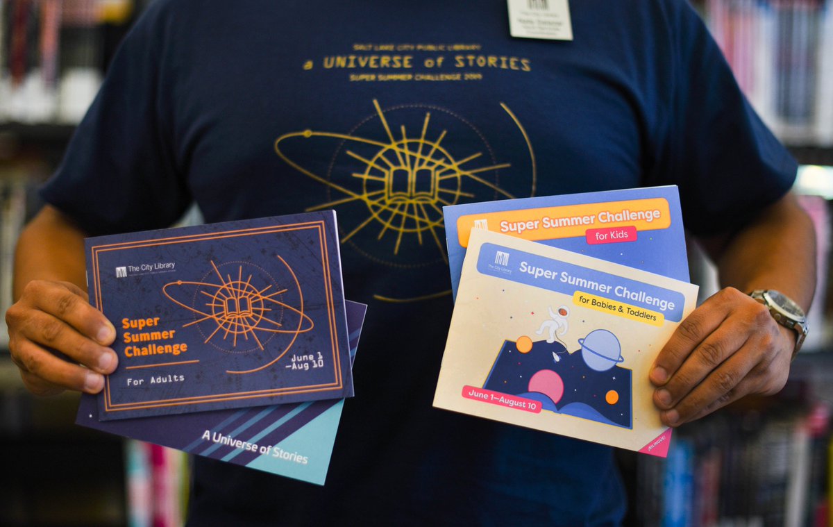 SLCPL's tweet photo. Saturday, June 1 marks the first day of The City Library's Super Summer Challenge. Drop in to any Library location to pick up your tracker, full of activities to keep you busy all summer long. From reading to exploring, there's something for everyone this summer! https://t.co/lgKKkkbgsS
