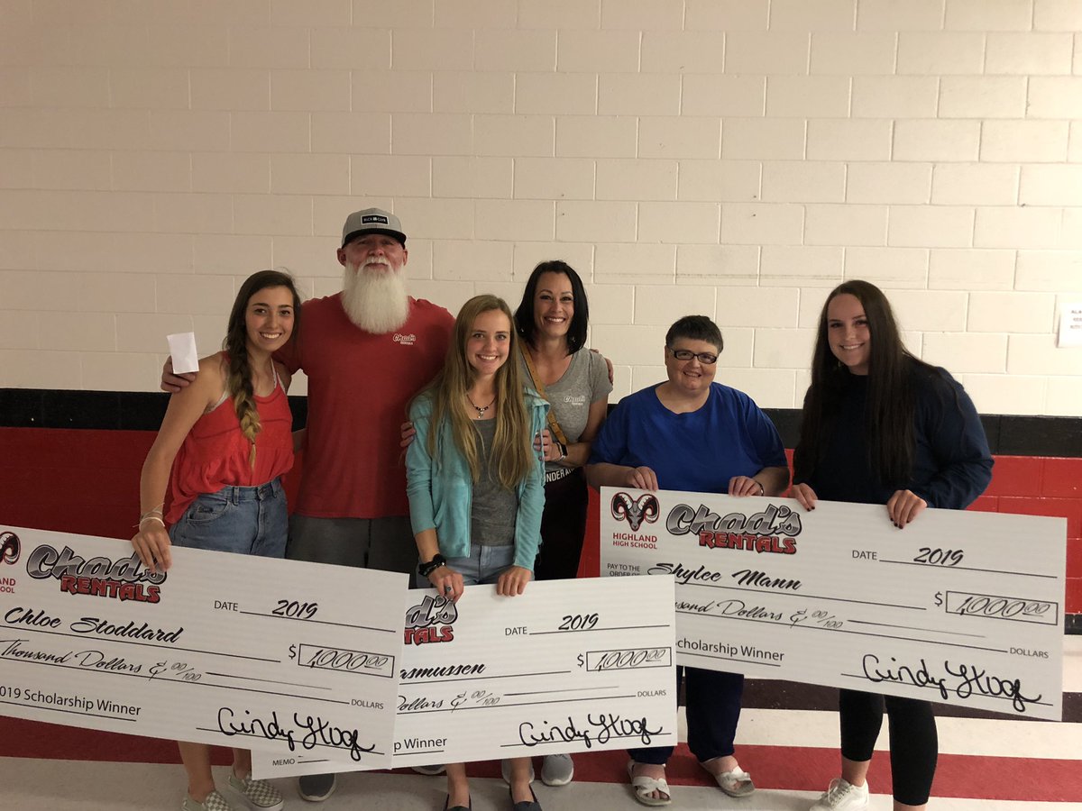 RamHighland's tweet photo. Congratulations to Chloe, Paige, and  Shylee! A huge shout out to Chad’s Rentals for providing our students these scholarships! Thanks Marty and Cindy! @HHSRams @hhsstudent2019 @hhsstudent2019 @wall7935 https://t.co/wtNlScCr0g