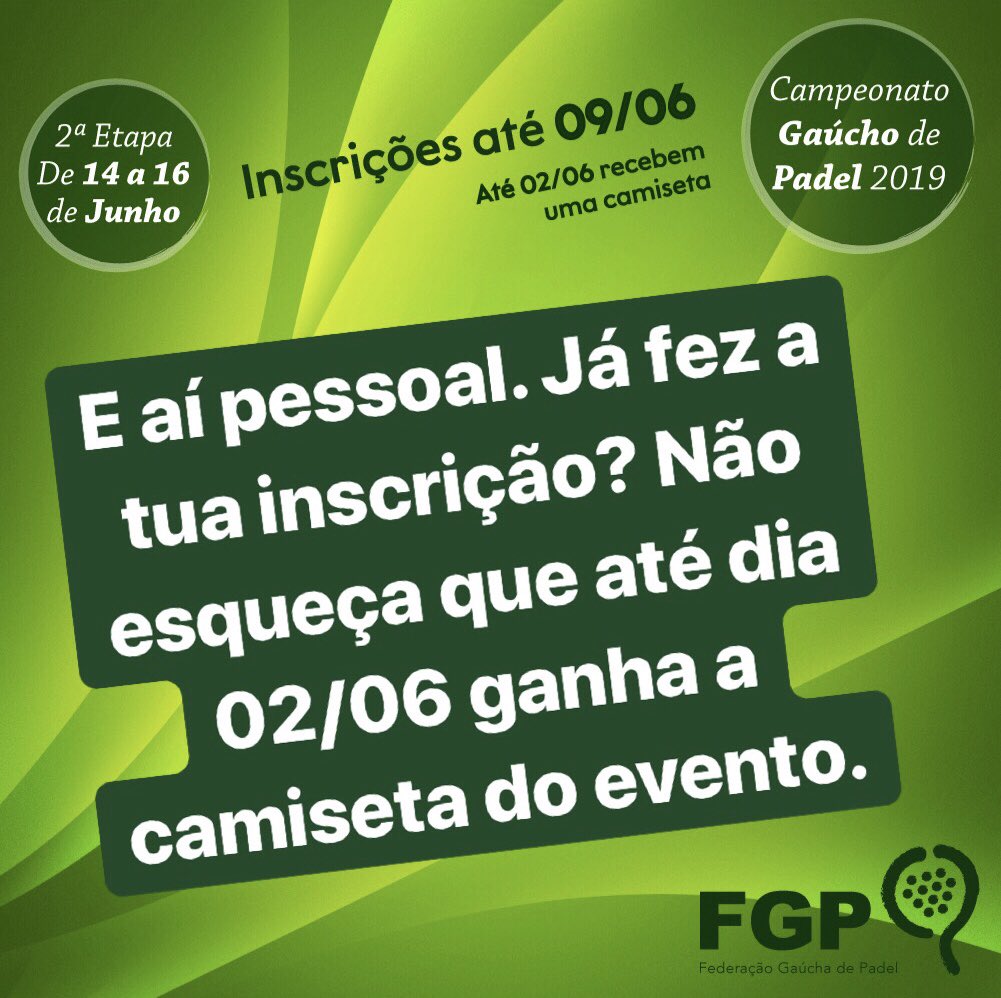 fedgauchapadel's tweet photo. Converse com a sua dupla e aproveite para se inscrever até dia 02/06. #padel https://t.co/NGqF8VGjPu