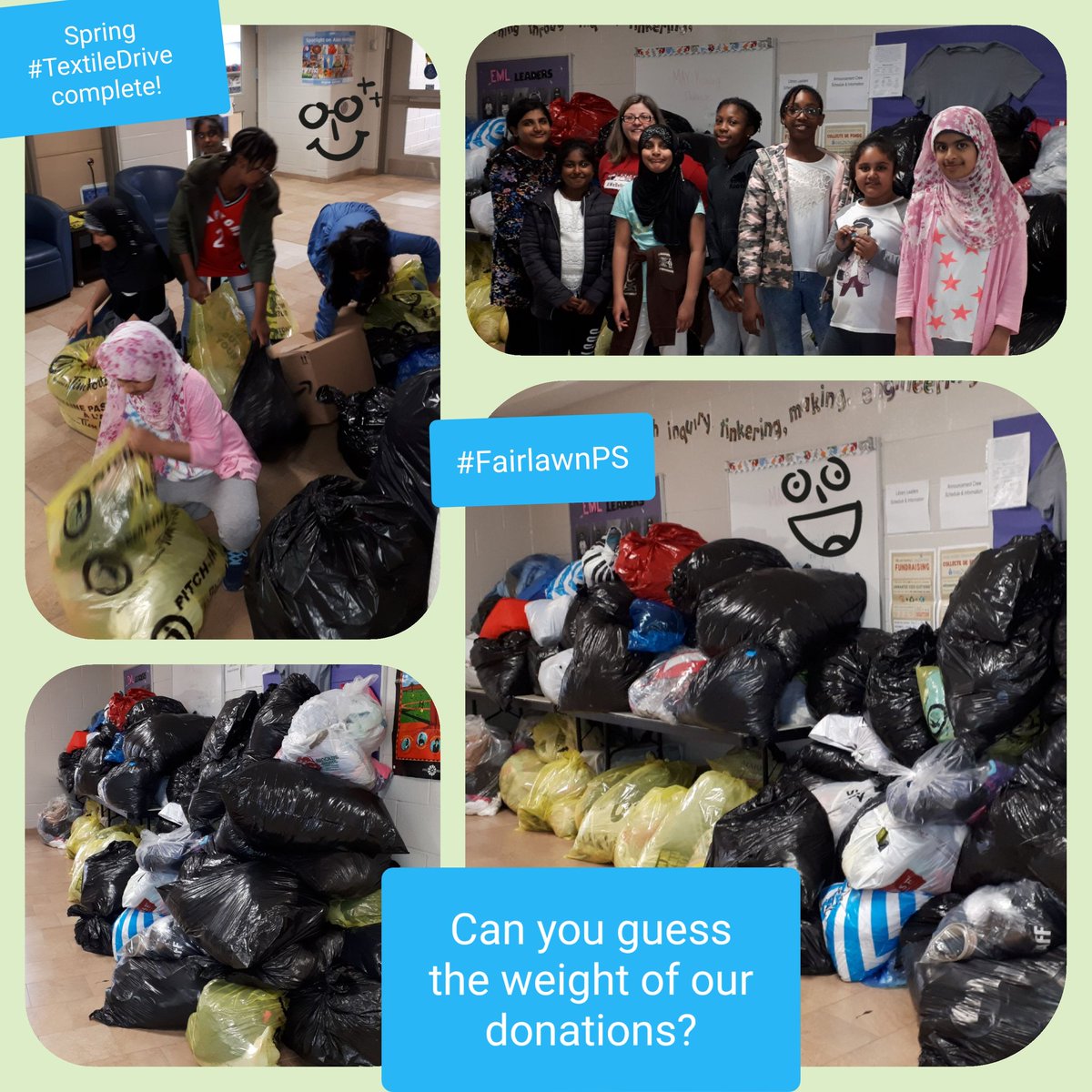 EcoFairlawn's tweet photo. Way to go @FairlawnPSPDSB ! What a great #TextileDrive! Can you guess the weight of our donations? Tune in next week for the #BigReveal! @bag2schoolna @PDSB_eco @EcoSchoolsCAN https://t.co/DYkeAFsZ2x