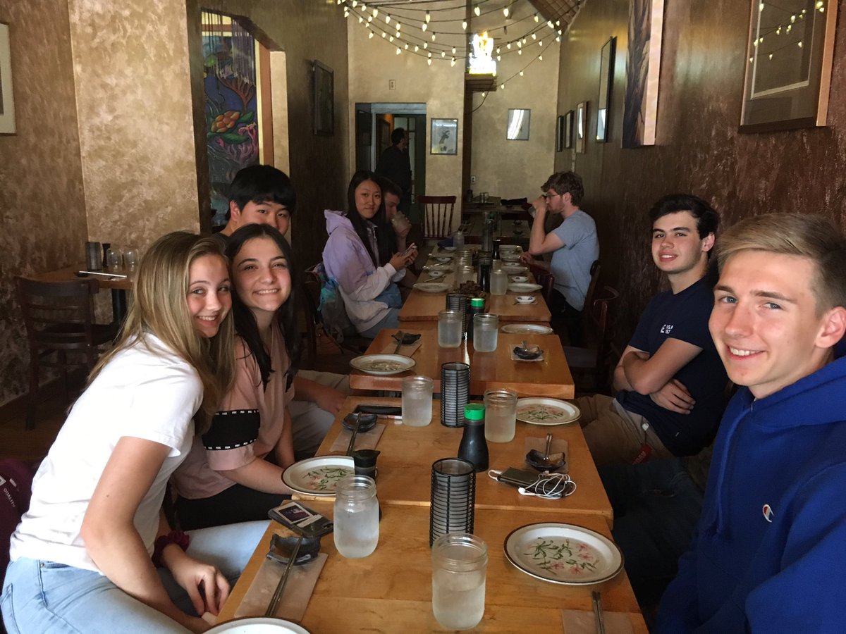 WatkinsonSchool's tweet photo. Zoology &amp; Botany students enjoying #SustainableSushi @MiyasSushi w/ chef/owner Bun Lai about eating wild plants, #InvasiveSpecies and #SustainableSeafood. 

Our meal: soup made from edible weeds, sushi made with invasive catfish &amp; some amazing, spicy fried crickets! https://t.co/aDBbGMXplv