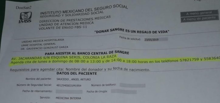 alma_ctd's tweet photo. Pido su ayuda...

Necesito su ayuda para un familiar, solicitan 10 donadores de sangre (cualquier tipo) y 2 de plaquetas, en el Banco de Sangre del Hospital La Raza, si alguien me puede ayudar... inbox 🙏🏼 porfa #MuchasGracias https://t.co/f41sDkZxmg