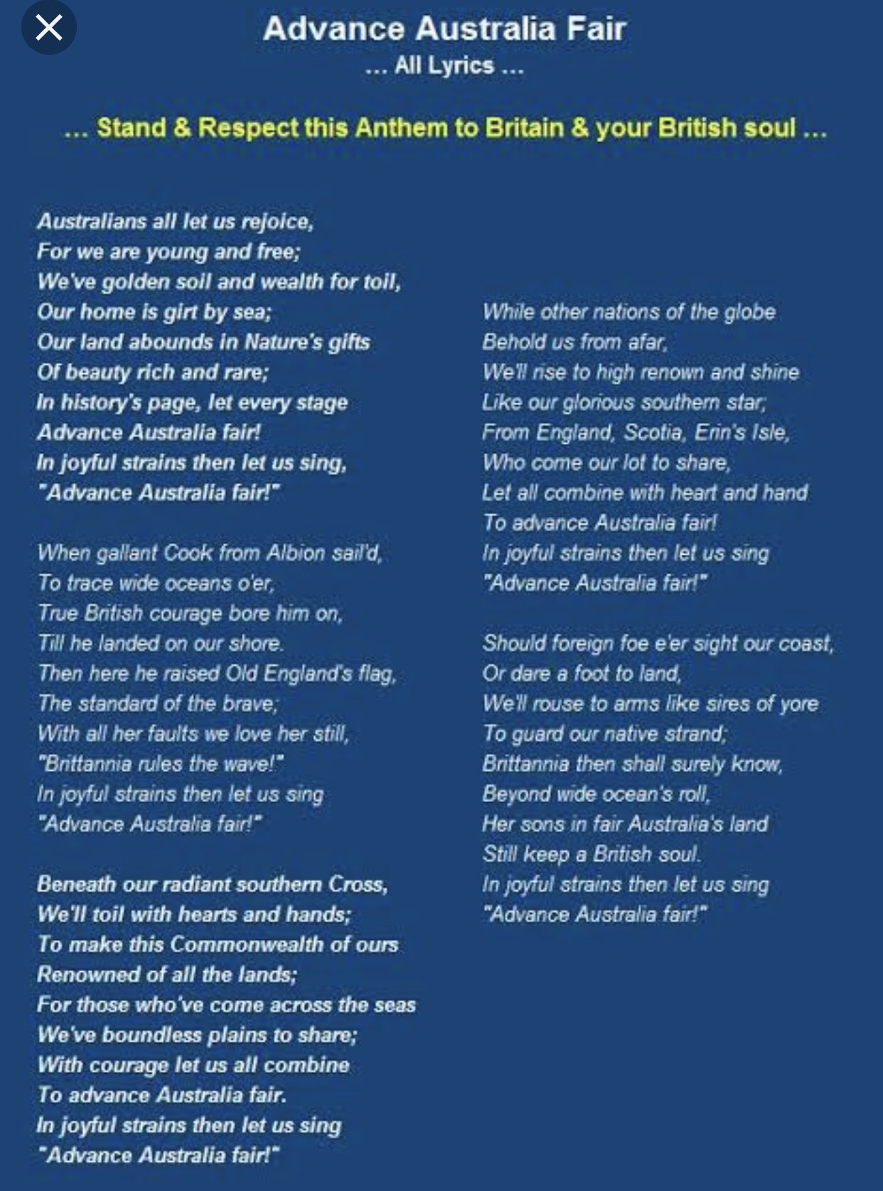 Landskab sovjetisk Vejnavn Joe Williams - TEW on Twitter: "Full verses to the Australian national  anthem - I would suggest it doesn't represent a lot of Australians,  especially not our first people!! Australia's National Anthem =