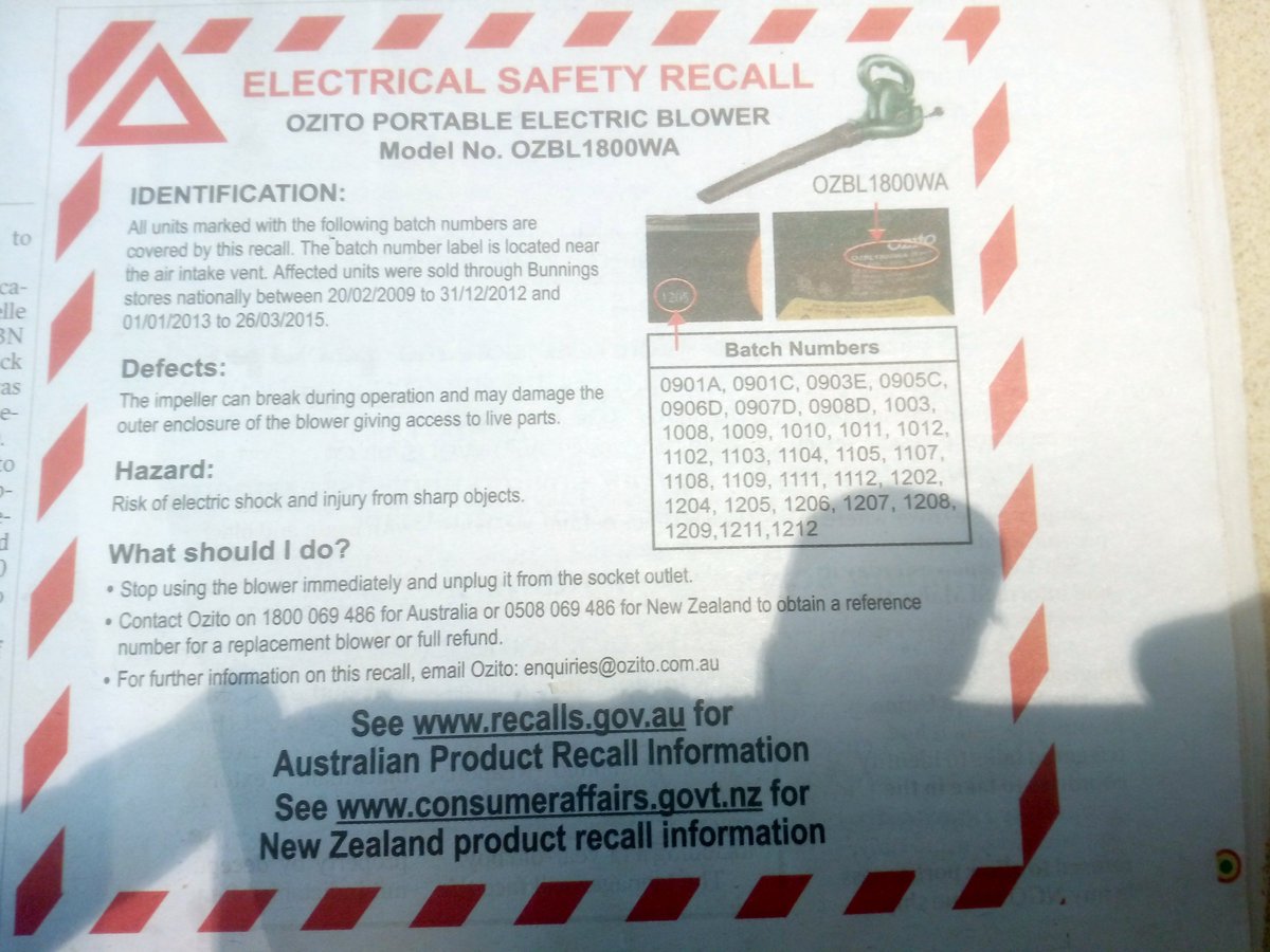 Q_SafeTest's tweet image. Ozito is recalling its portable electric blower due to a potential electrocution hazard. Contact Ozito on 1800 069 486 to obtain a  replacement blower or a full refund.