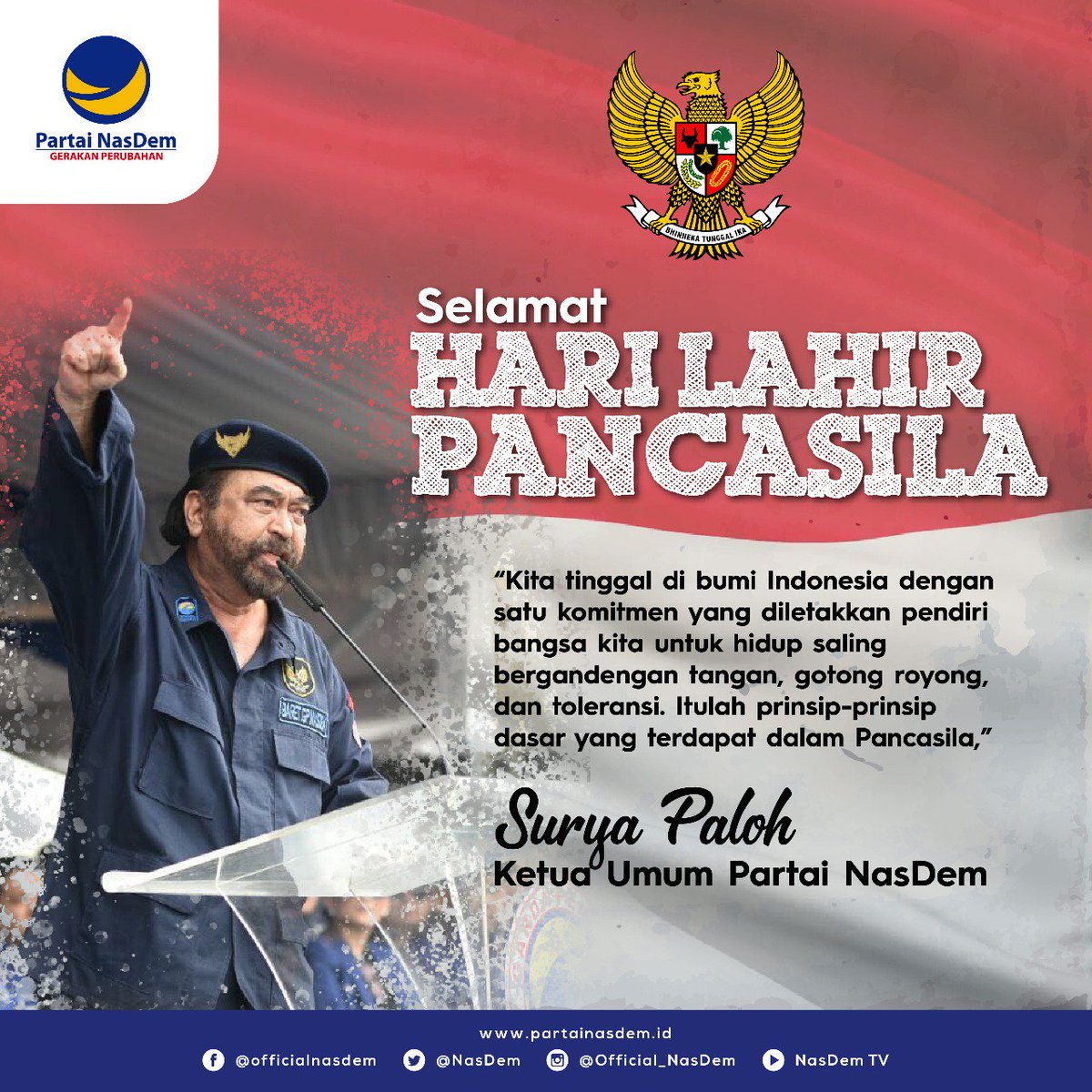 Selamat Hari Lahir Pancasila!

Hari lahirnya dasar negara Indonesia yang berisi tentang komitmen para pendiri bangsa untuk terus hidup saling bergandengan tangan, gotong royong dan toleransi

Mari kita jaga bersama Pancasila!
#NasDemAntiMahar  #HariLahirPancasila #Pancasila