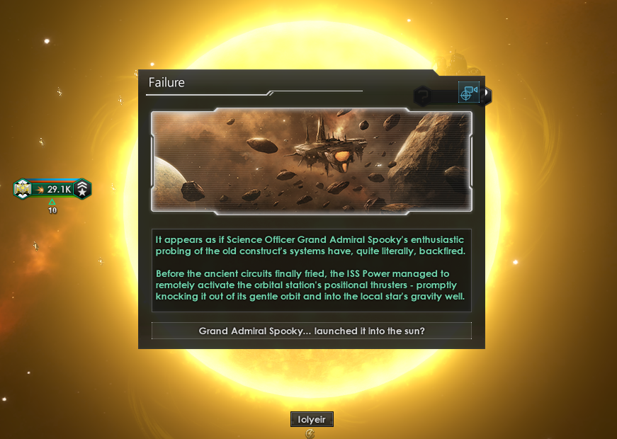 TabaneShinonono's tweet photo. That Report When...

That Grand Admiral of your galactic empire decided to add "Science Officer" to her title and tried to tinker with a potentially valuable space station... 

#WhoAuthorizedThis #Faceplant #RightButton #WrongButton #Stellaris https://t.co/t3Rj8HPF0t