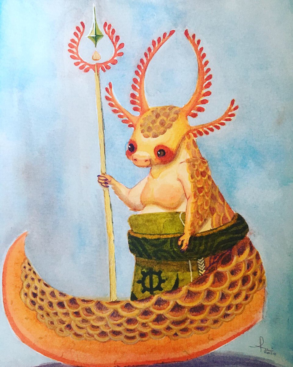 DragonWhiskey's tweet photo. Joined in on @DinaNorlund #RandomCreatureDesign challenge this month and had so much fun combining an Axolotl, Pangolin, Raccoon hybrid. Unfortunately my watercoloring skills let me down (stupid shadows😩), but he’s still fairly cute😁 https://t.co/EgB3dNKgoN