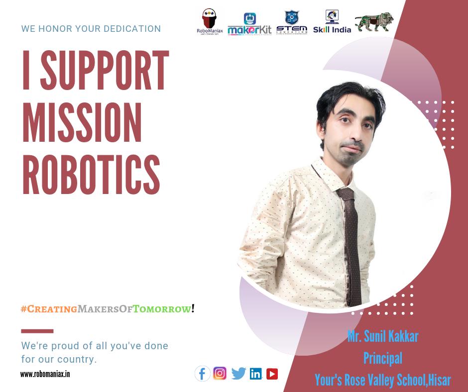 EdutechPvt's tweet photo. RoboManiax Edutech Pvt. Ltd.-REPL Welcomes Mr. Sunil Kakkar, Principal of Your's Rose Valley School, Hisar to our Honorary Mentor Team of "I Support Mission Robotics" for #CreatingMakersofTomorrow !
#robomaniax #robotics #practical #learning #isupportmissionrobotics 🤖 https://t.co/hcUyXhvUT1