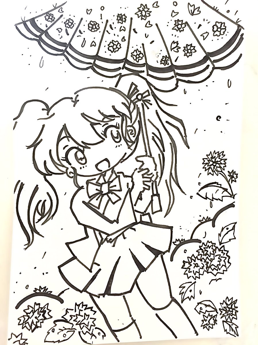 きんいろモザイク。雨模様の日。傘と花をもっと質感よく描けるようになりたいですね。 