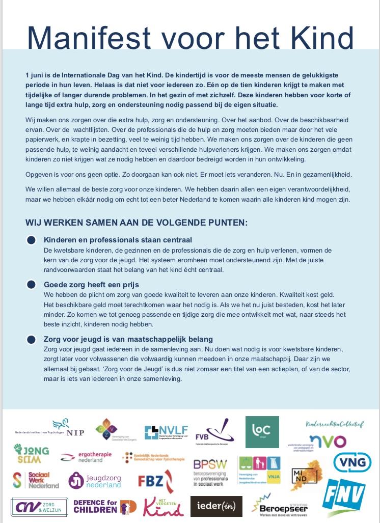 Vandaag is het de Internationale Dag van het Kind. Jeugdzorg Nederland onderschrijft, samen met een groot aantal andere jeugdpartijen, het Manifest voor het Kind: voor de beste zorg voor kinderen.#bestezorgvoorkinderen. #manifest#dagvanhetkind #internationaledagvanhetkind