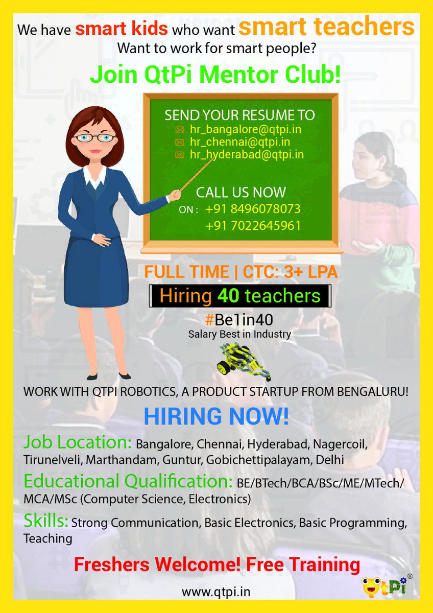 qtpiofficial's tweet image. We have smart kids who want smart teachers. Want to work for smart people?

#smartpeople #qtpihiring #qtpirobotics #qtpi #robotics #robots #bengaluru #hyderabad #chennai #mentor