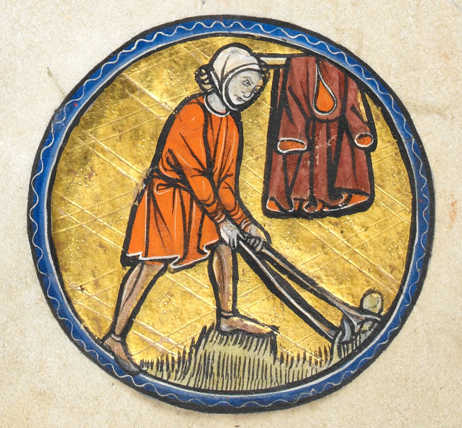 ClerkofOxford's tweet photo. In medieval calendars, the usual image for June is people cutting the grass - in varying states of undress...

(Images from four calendars for June, BL Lansdowne 383, Add. 50000, Harley 2915, Yates Thompson 13) https://t.co/WNhHUrewCd