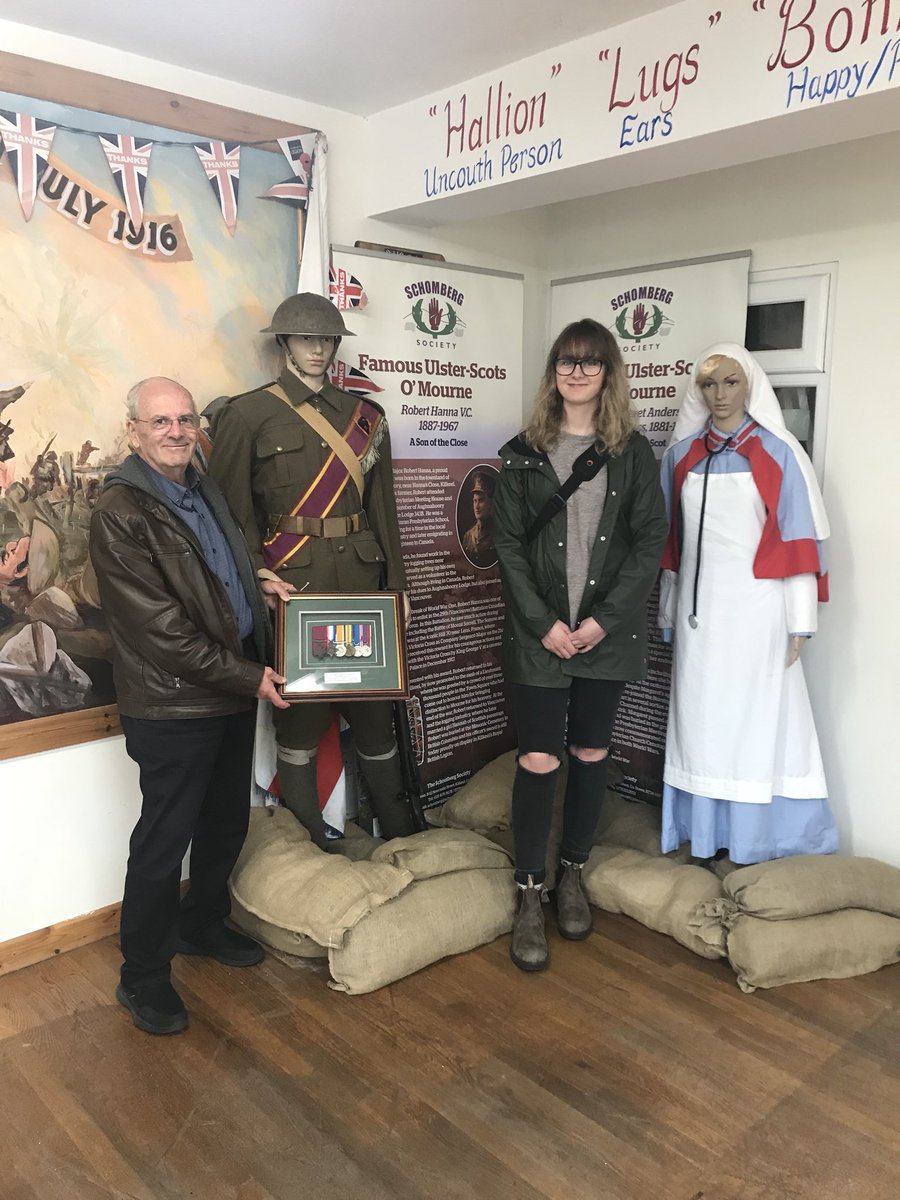 SchombergSoc's tweet photo. We had a lovely visit from the son and great granddaughter of Victoria Cross Winner Robert Hill Hanna yesterday in our #UlsterScots Centre! It was lovely to have them both visit Reivers House all the way from Vancouver! #VCWinner #1917 https://t.co/Q6XI0ZQThG