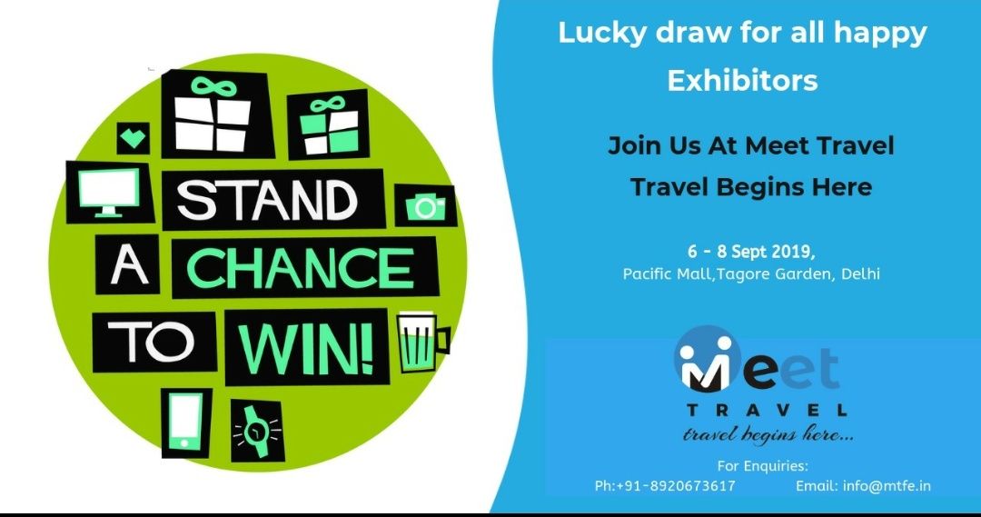 Lucky Draw for all happy exhibitors is what an additional benefit we are offering.
 Join Us at @PacificDelhi , on 6th-8th Sept 2019. 

Booking
PH : +91 8920673617
Email: info@mtfe.in
#TravelBeginsHere #TourismFest #TravelAgency #TourOperator #Exhibition #Tourism #MakingTravelEasy