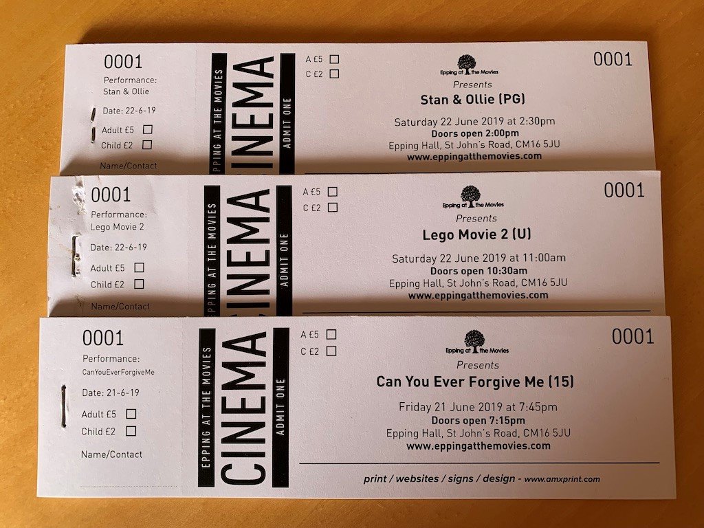 eppingmovies's tweet photo. Tickets are available at Epping Library for the films we're screening in June.   'Can you every forgive me?' is supported by Aves Optometrists and 'Stan and Ollie' is supported by '3 Orange Whips'.  Thank you to both of you. The tickets are produced by AMX Print / Media. Thanks! https://t.co/HvsVVnOYMS