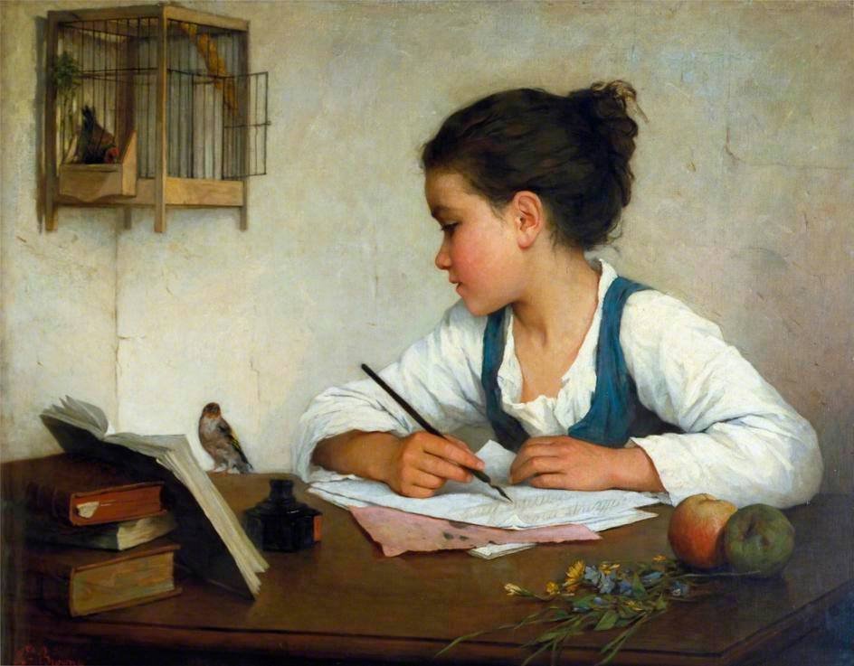 artinsociety's tweet photo. 19C French painter Sophie de Bouteiller worked under a pseudonym as it was not deemed seemly for “ladies” to work as artists. Here ~ young girl is distracted from writing by goldfinch ■ North African woman stands, eyes averted to the side, her hands enfolded ■ Sisters of Mercy https://t.co/hontzNOXR3
