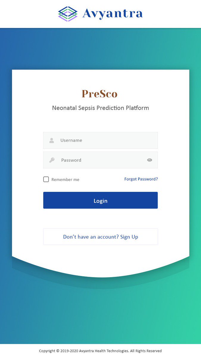 avyantra's tweet photo. PreSco -
Neonatal Sepsis Predictive Scoring Application by Avyantra Health Technologies provides an Early assessment of risk, Antibiotic rationalization and Integrated data platform for neonates. A snapshot of Presco's login screen. https://t.co/AzIHtvpiVp