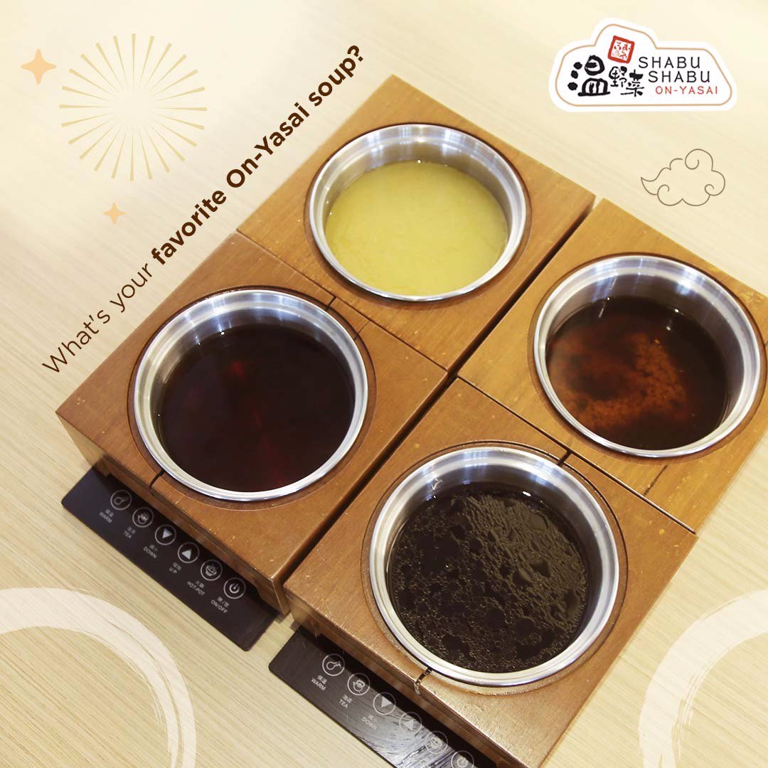 OnYasai_ID's tweet image. There are 6 soups that you can choose for your hot pot at On-Yasai. Including our Golden soup, Sukiyaki, Chicken Collagen, Dashi, Spicy and Tom Yam. What&apos;s your most favorite soup here? 

#OnyasaiID #shabushabu