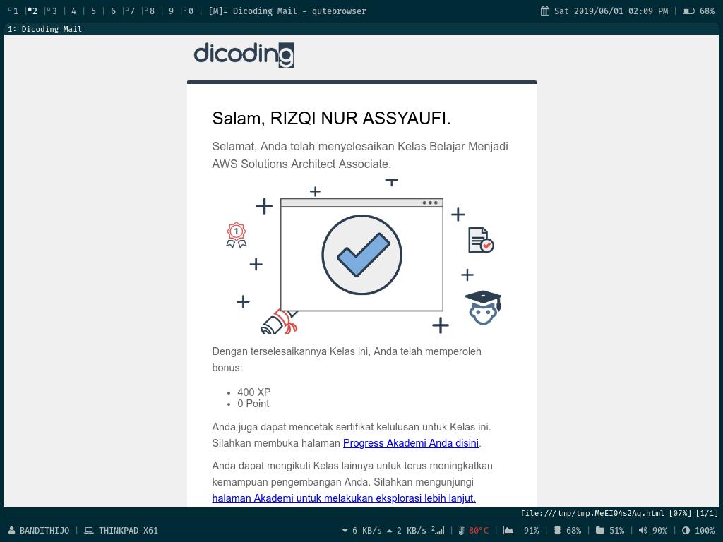 bandithijo's tweet image. Alhamdulillah...
Kelas Belajar Menjadi AWS (Amazon Web Service) Solutions Architect Associate telah selesai.
Sekarang bisa lanjut lagi untuk berkonsentrasi belajar Ruby on Rails.
Terima kasih Dicoding atas kesempatan belajarnya.
#Dicoding