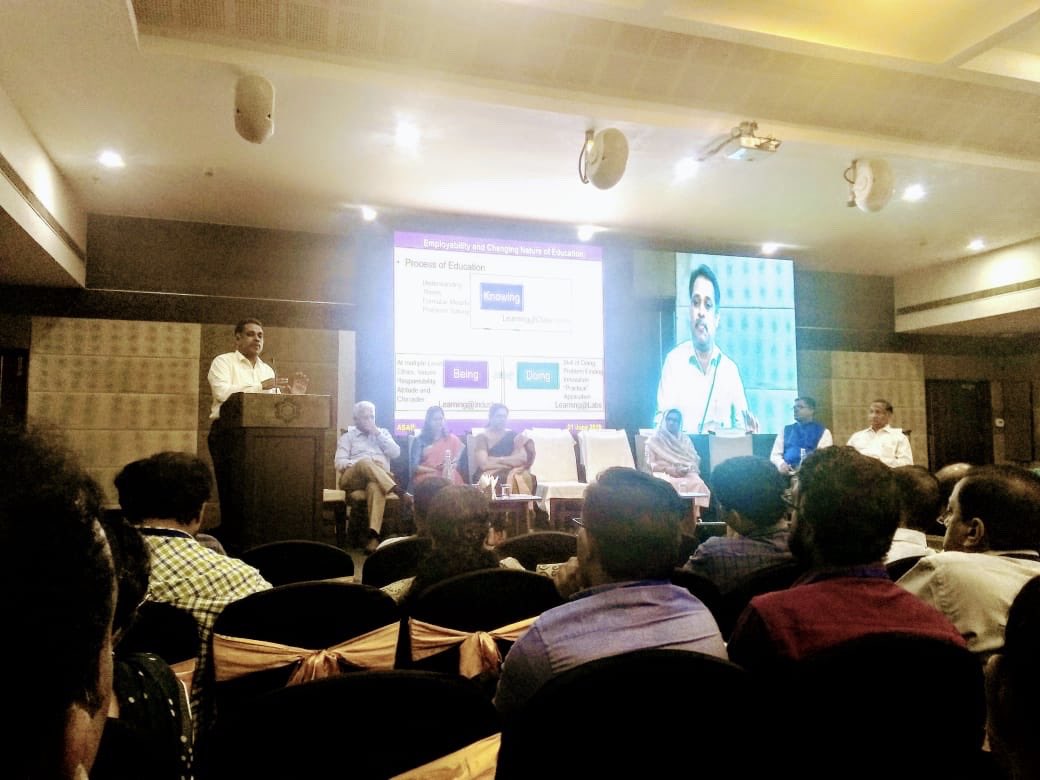 startup_mission's tweet photo. Dr. Saji Gopinath, CEO, Kerala Startup Mission speaking on '#Employability and Changing Nature of #Education' at the Industry Academia Summit 2019 organised by Additional Skill Acquisition Programme (#ASAP, #Kerala) at Apollo Dimora, #Trivandrum. #KSUM https://t.co/y0cwM4vRbY