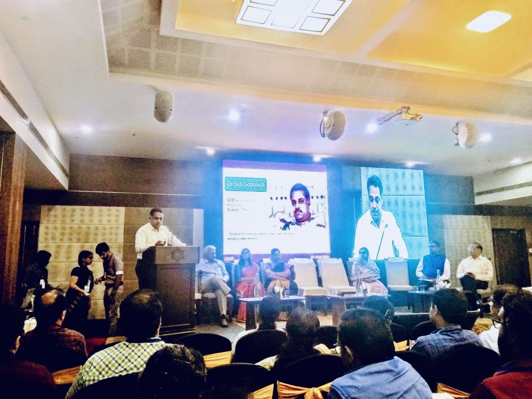 startup_mission's tweet photo. Dr. Saji Gopinath, CEO, Kerala Startup Mission speaking on '#Employability and Changing Nature of #Education' at the Industry Academia Summit 2019 organised by Additional Skill Acquisition Programme (#ASAP, #Kerala) at Apollo Dimora, #Trivandrum. #KSUM https://t.co/y0cwM4vRbY