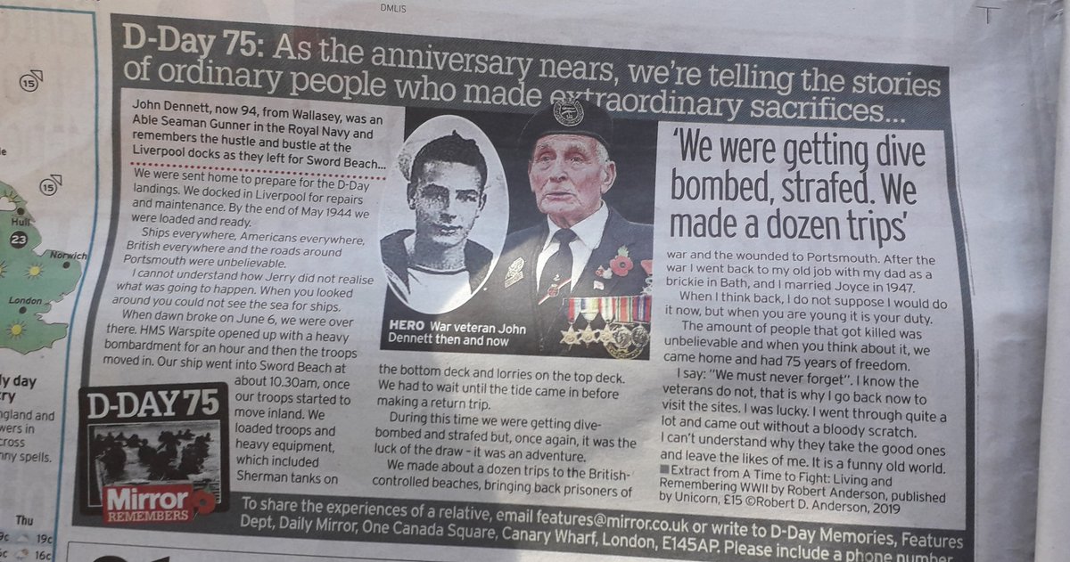Nice to see WWII veteran John Dennett in the Daily Mirror today - they are publishing extracts from my book A TIME TO FIGHT leading up to 6 June @DDayRevisited @thehistoryguy  @Normandy_Post  @1940Andy @DDayCenter @MetroUK @HistoryExtra @BBCNews @DDay_Normandy @richmondtimes