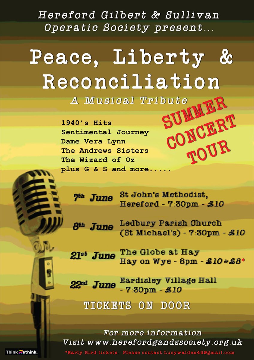 Come to our 1940’s Concert Party. Next Friday 7 June we are at St John’s Methodist Church in Hereford and on Saturday 8 June we are at Ledbury Parish Church. 7.30 - tickets £10 on the door.