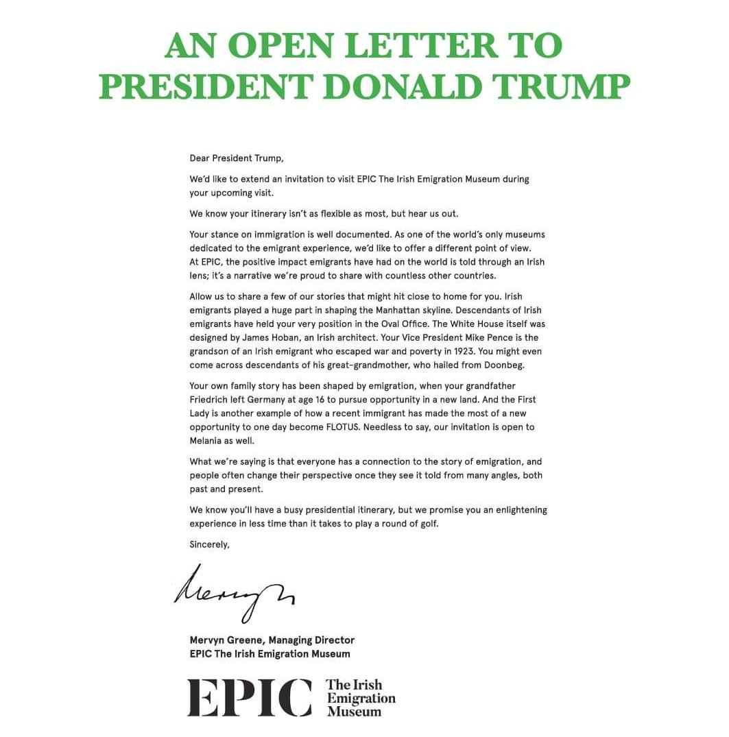 NaomiOhReally's tweet photo. Ahead of Donald Trump's visit to Ireland, the Irish Emigration Museum has published an open letter calling on the US president to visit to learn about the "positive impact emigrants have had on the world" and reconsider his stance on immigration https://t.co/As2ZLu9tpx
