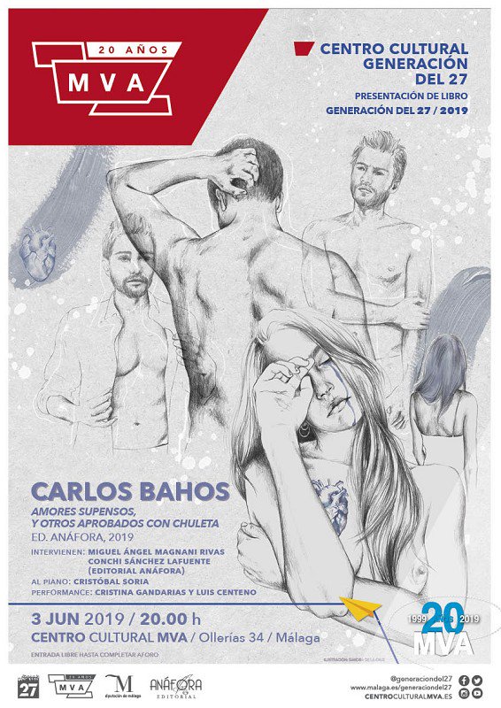 El lunes, 3 de junio, nos os podéis perder la presentación del libro de <a href="/carlosbahos/">carlos bahos alba</a> , Amores suspensos, y otros aprobados con chuleta. Será en el <a href="/CulturaMVA/">Centro Cultural MVA</a> , a las 20.00 horas. 
<a href="/Edit_Anafora/">Editorial Anáfora</a> , #apostamosporlacultura. 

centroculturalmva.es/6872/com1_fb-0…