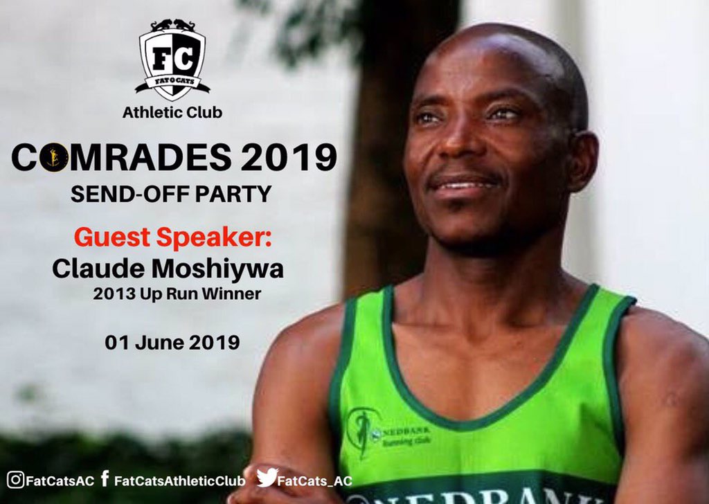 Today at the Fat Cats Athletic Club Send-Off will be the 2013 <a href="/ComradesRace/">ComradesRace</a> Up Run winner,  <a href="/MoshiywaC/">Claude Moshiywa</a> , there to dish pearls of wisdom on how to best approach a Comrades Up Run.

#fatcatsac #redskippa❤️ #fatcatsacsendoff #roadtocomrades2019