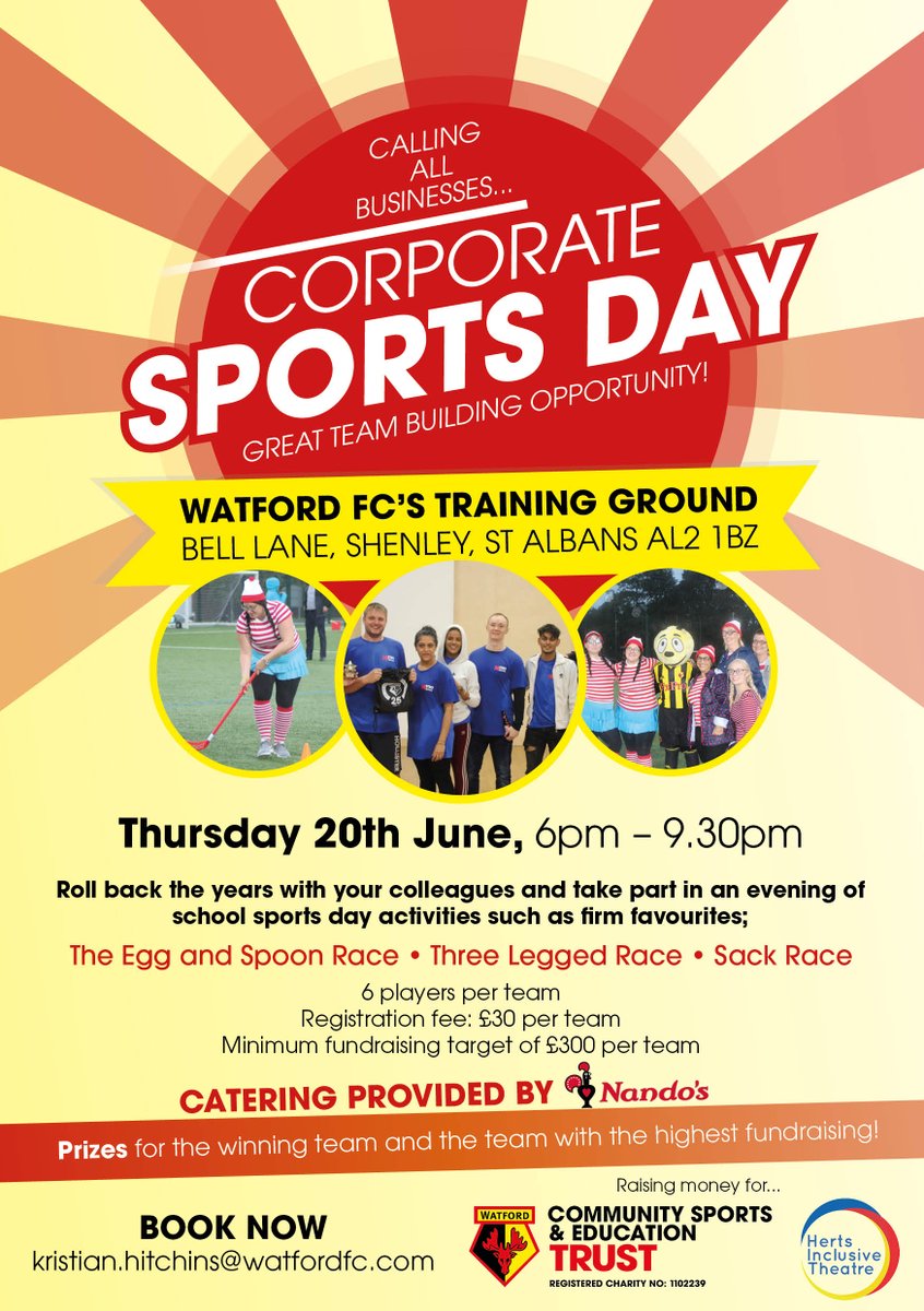 HertsInclusive's tweet photo. Join us for our second Corporate Sports Day with Watford FC CSE Trust this June! Put a team together for an evening of sports day activities in aid of two charities, catering provided by @NandosUK 👍

#charity #fundraising #hertsinclusivetheatre  #watford #sport #wfctrust https://t.co/QXVlAMgdzf