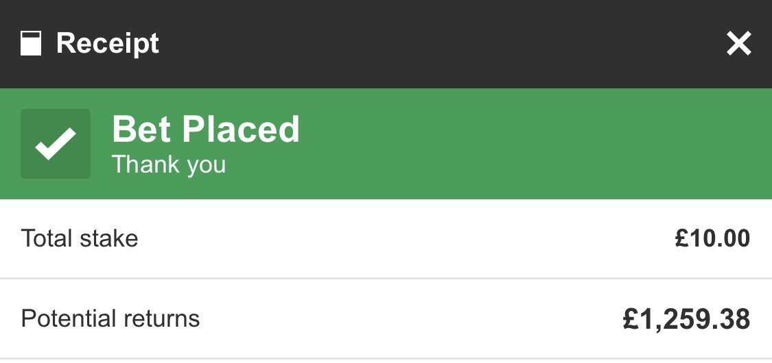 IF MY SUPER SATURDAY ACCA COMES IN IM GIVING AWAY £1259! 🤯

➡️ RT TO ENTER 

SO MUCH LOVE FOR THIS BET! 😍

So many of you on this bet and like the look of it so I’ve placed it again as a giveaway!

I’ve stuck £10 on it and if it wins I’ll give away the cash to ONE FOLLOWER! 😎