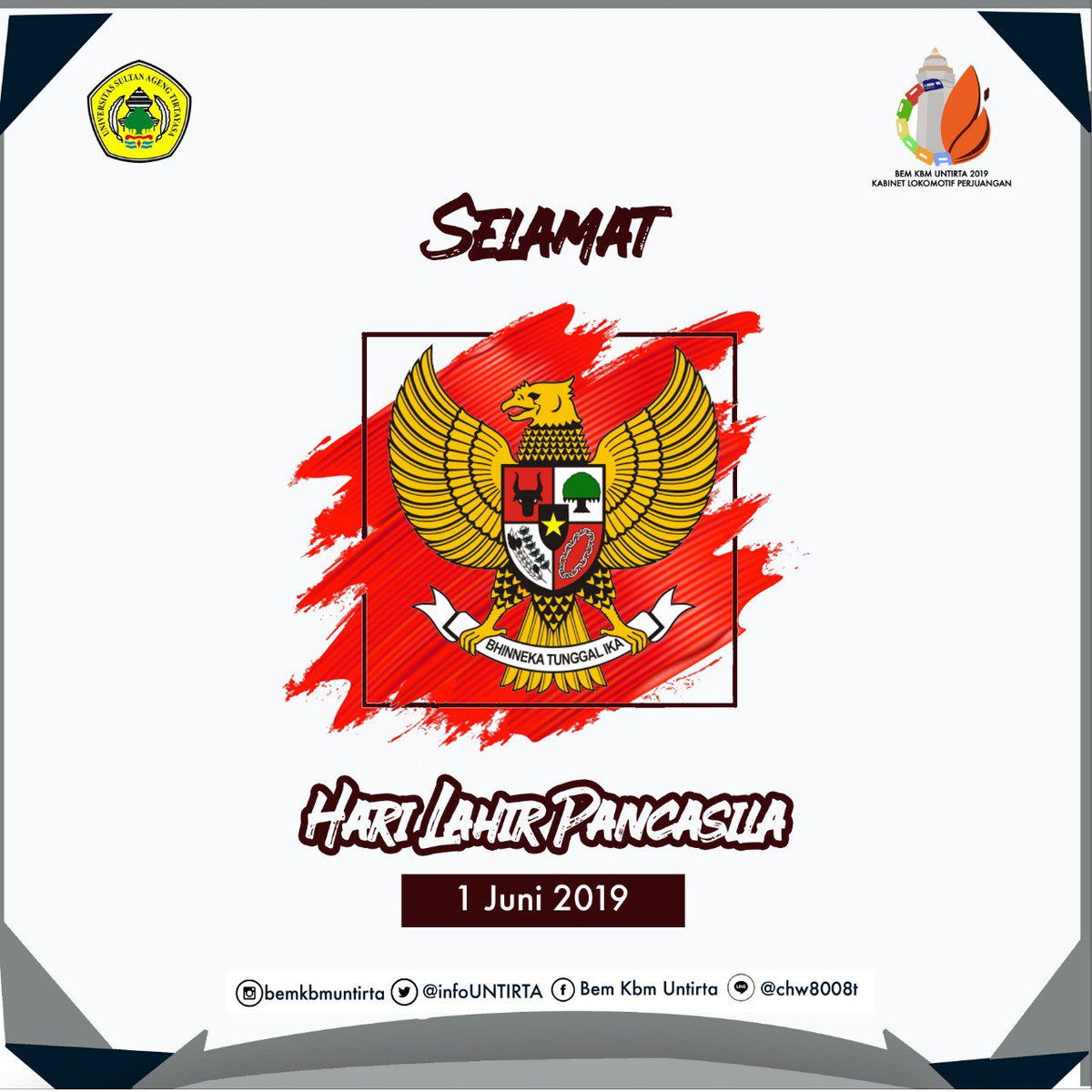 [Selamat Hari Lahir Pancasila
1 Juni 2019]

Tahukah kalian, lahirnya pancasila berawal dari sidang yang diselenggaran oleh BPUPKI pada tanggal 29 Mei - 1 Juni 1945. 
#HariLahirPancasila 
#BEMKBMUntirta
#KabinetLokomotifPerjuangan
#BEMKBM2019