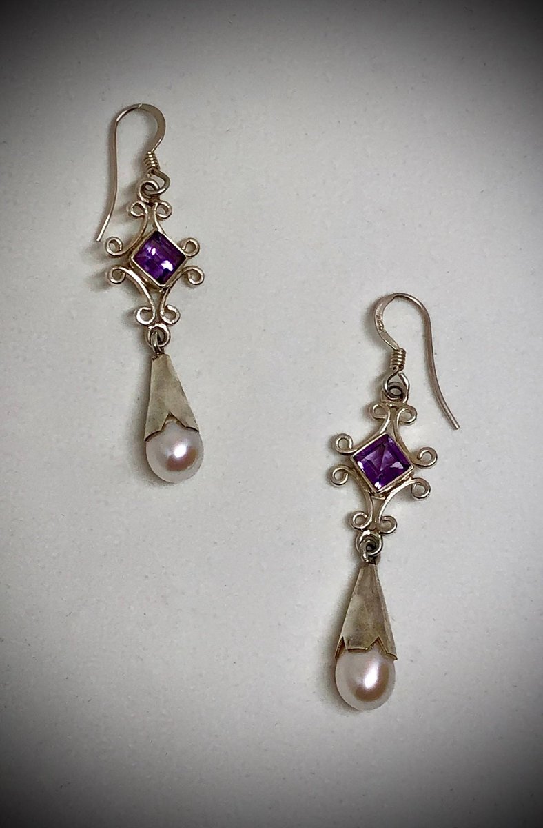 Amethyst and Pearl Drop 925 Silver Filigree Earrings - #Junebirthstone #traditionalgift #30thweddinganniversary #pakbeadeddesigns #pearls #earrings #amethyst #pearlearrings #etsyshop #925silver 
  etsy.me/2JPXThA