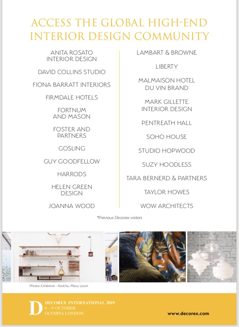 itspr's tweet image. We’re proud to be working closely with the most prestigious Interior Trade Show in London .. Decorex 2019 (Oct)

Looking forward to exciting discussions &amp;amp; partnerships 🕶

#interiors #interiordesigners #luxury #luxurybrands #decorex #partnerships #collaborations #pr #itsprlondon