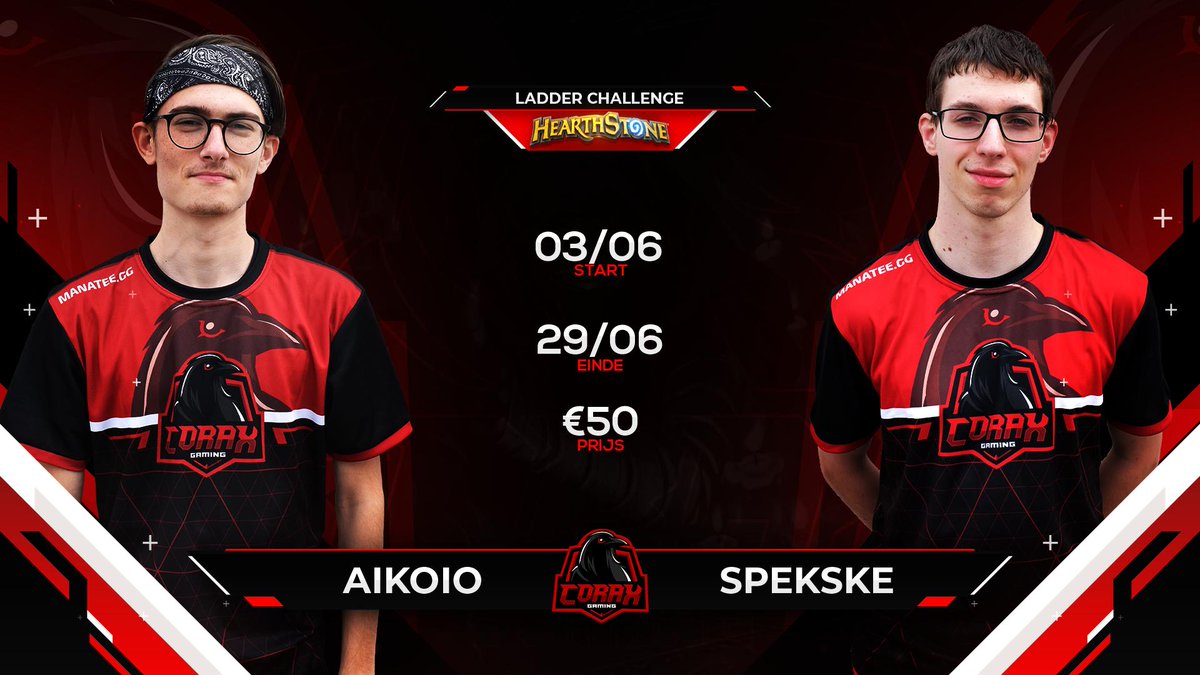 Nieuwe maand, nieuw #Hearthstone ladder seizoen.
Voor onze spelers betekent dit deze maand iets extra!

<a href="/AikoioHs/">Aikoio</a> gaat het opnemen tegen <a href="/spekskeHS/">spekskeHS</a> voor eeuwige roem en een leuke cash prizepool.

Moge de beste winnen!

#GoCorax 👊