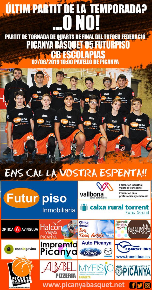 picanyabasquet's tweet photo. Bon dia! Este diumenge 2 de juny (10.00h- Pavelló) els nostres infantils disputen la tornada del partit de quarts de final del trofeu Federació. Al partit d'anada d'este divendres els nostres van perdre de tan sols 5 punts pel que la cosa olora a remuntada ÈPICA!!! https://t.co/lVKvKiN5P6
