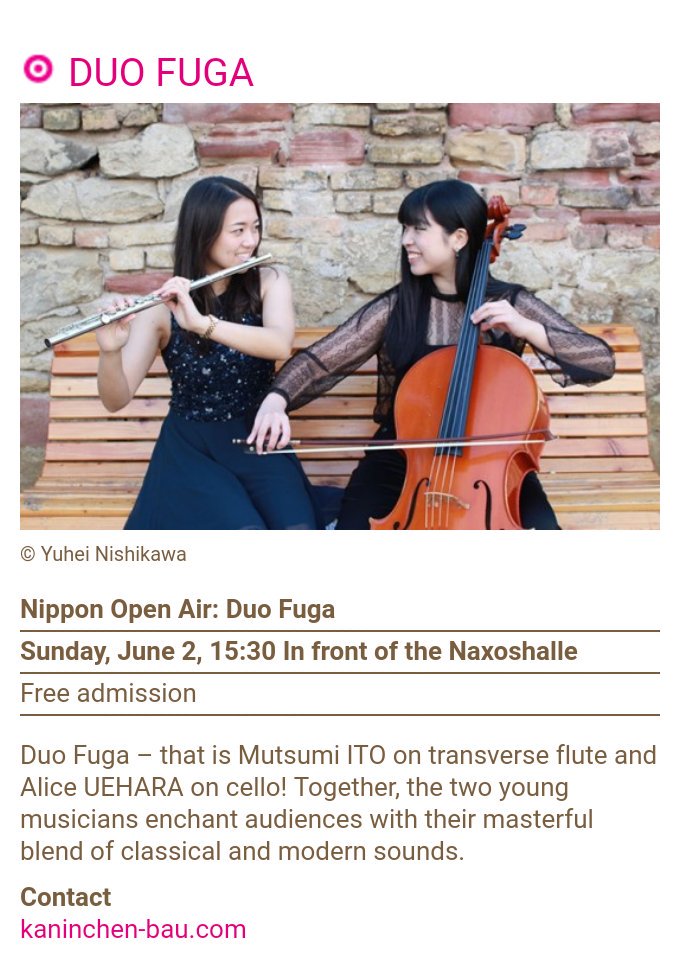 cello_UsAgi's tweet photo. 📣#Nipponconection
Duo Fuga spielen "Japanisch Kino Musik" morgen um 15:30 vor dem Naxos Halle in #Frankfurt #Germany
🎻info→https://t.co/DaGZCrZKQg https://t.co/ZtXCU5nQfe https://t.co/nWqgMTYUOu