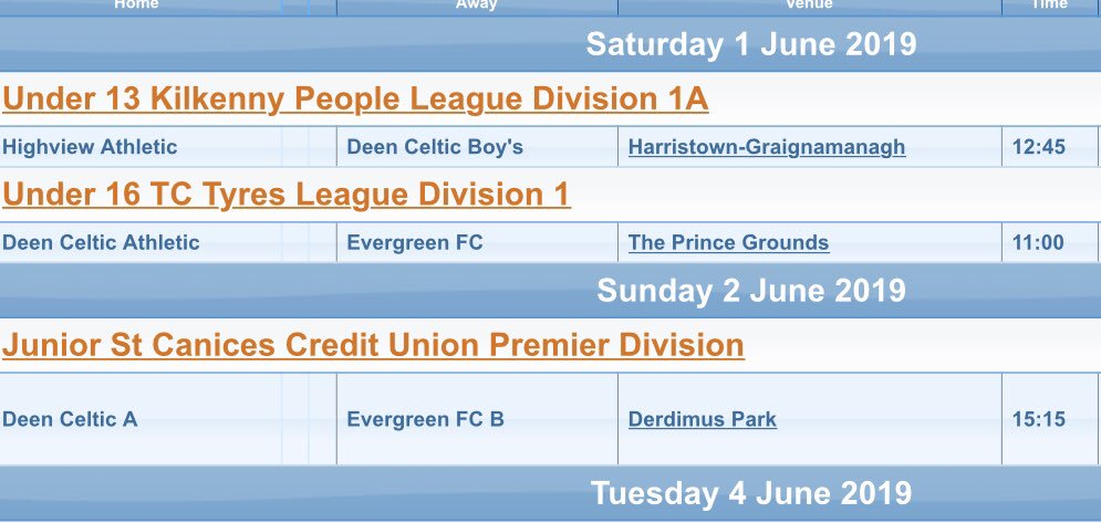 Schoolboy Fixtures 

Sponsor - Castlecomer Credit Union

Saturday games
U13’ Boys team are away at Highview Athletic 12.45 , Division 1A League
U16’s play Evergreen in the Prince Grounds 11.00, Division 1 League 

Best of luck to all the teams!
⚫️🔴
#supportschoolboys
#deenceltic