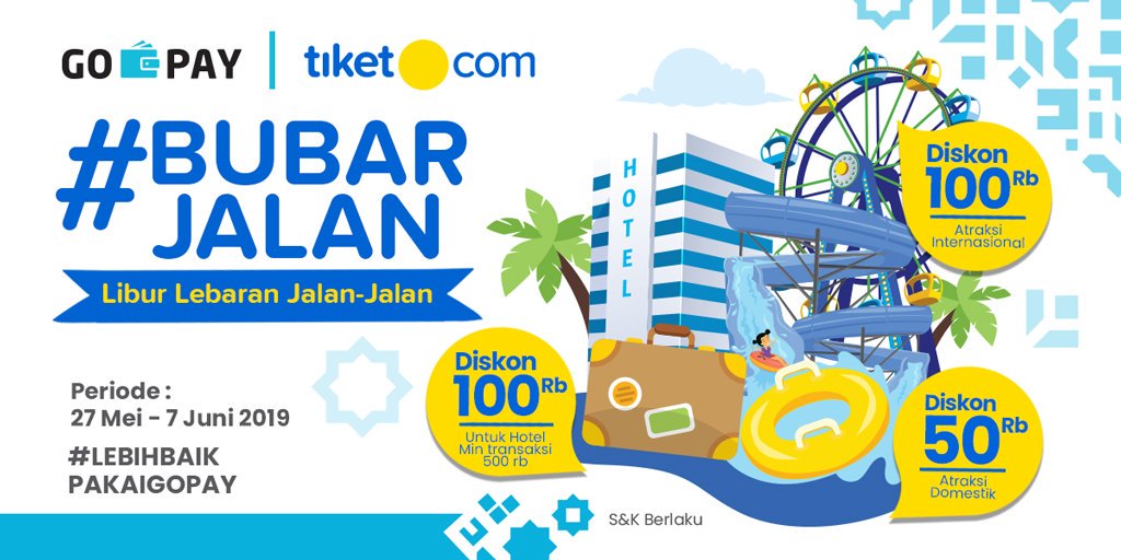 gopayindonesia's tweet photo. Libur Lebaran emang paling enak jalan-jalan! Yuk, #BUBARJALAN alias "Libur Lebaran Jalan-Jalan" dengan beli tiket hotel & tempat liburan di https://t.co/RSK3BMoMAW pakai GO-PAY, ada banyak DISKON sampai 7 Juni 2019!
Cek infonya di https://t.co/3qhcYAwPGM #LebihBaikPakaiGOPAY https://t.co/5PfbqIjLVb