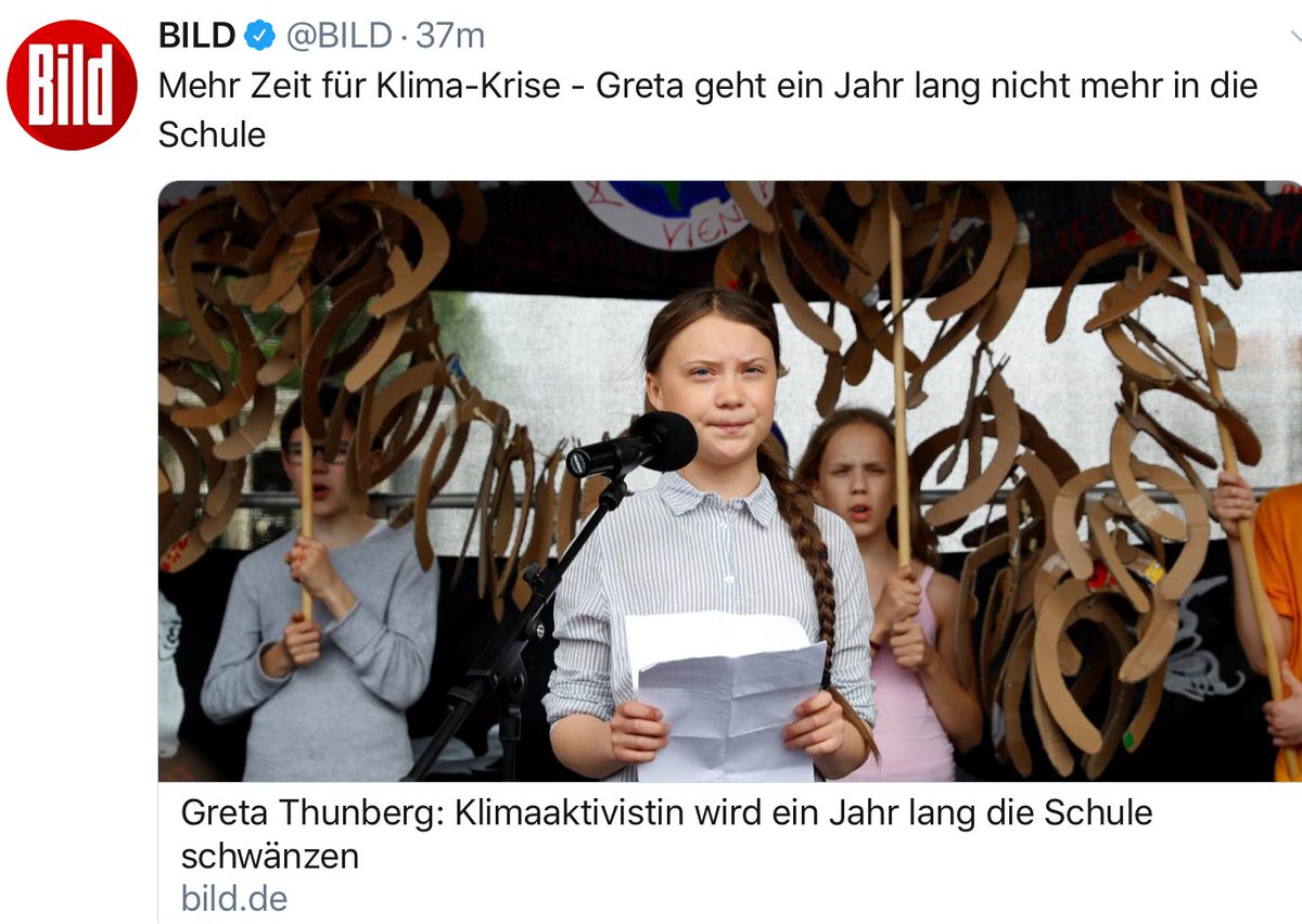 Die ganze Arroganz von Bild auf einen Blick: Nein, Greta Thunberg „schwänzt nicht ein ganzes Jahr die Schule.“ Sie wechselt ein Jahr später auf´s Gymnasium, wie sie gesagt hat. Die neun jährige Schulpflicht in Schweden hat sie hinter sich.