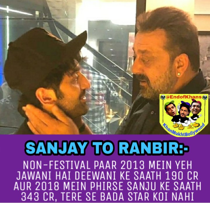 EndofKhans's tweet photo. Sanjay to #RanbirKapoor
Non-Festival paar 2013 mein #YJHD ke Saath 190Cr aur 2018 mein phirse #Sanju ke Saath 343 Cr, tere se Bada star toh, koi nahi SalMAN bhi Nahi.
#ShahRUKHkhan to #Abram
"Badhe hokar mere Tarah nahi, Ranbir ki jaisa bano"
#6YearsOfYJHD
#KhanMukhtBollywood https://t.co/oVONnSlknU