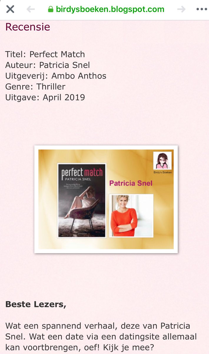Patricia_Snel's tweet photo. Vier sterren recensie voor Perfect Match! 4****! Op @birdysboeken #hoppa #thriller #onlinedaten #spanningensensatie #perfectmatch https://t.co/OjixdB8XLR