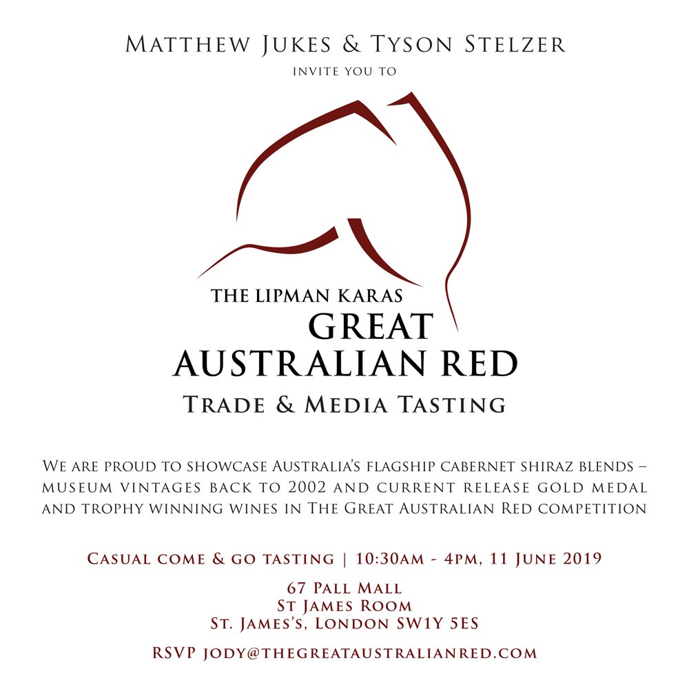 It's the great pleasure of @MatthewSJukes &amp; <a href="/TysonStelzer/">Tyson Stelzer</a> to invite UK wine trade &amp; media to a showcase tasting of Australia’s flagship cabernet shiraz blends – museum vintages back to 2002 and current release gold medal and trophy winners in The Great Australian Red competition.